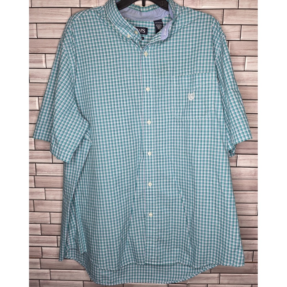 Chaps Easy‎ Care Shirt Mens 3XL Button Front Short Sleeves Green Blue Plaid